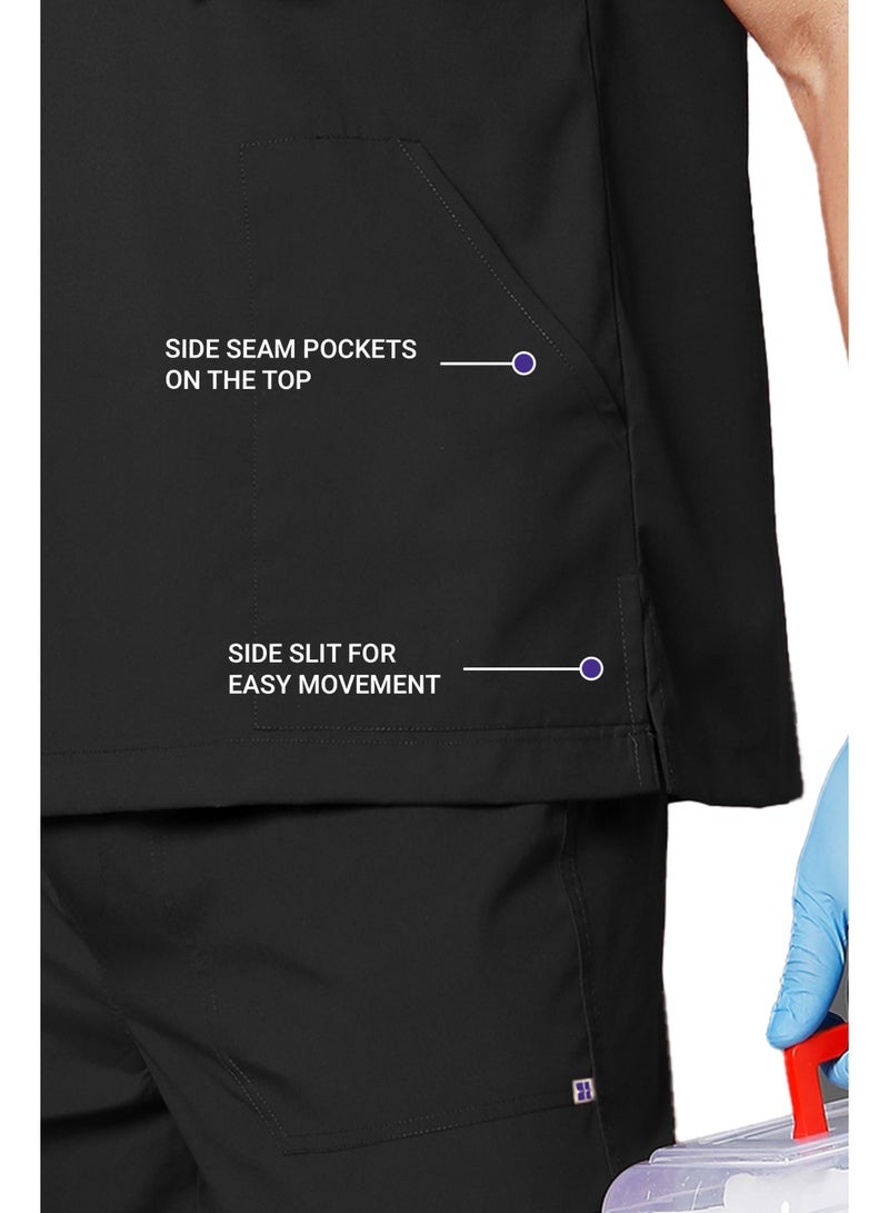 KNYA بدلة كنيا النشطة للرجال بخمسة جيوب | مجموعة من الأعلى والأسفل | أكمام نصفية | رقبة على شكل V | قماش قابل للتنفس | مريحة | زي للأطباء والممرضين وأطباء الأسنان، أسود (L) - Image 3